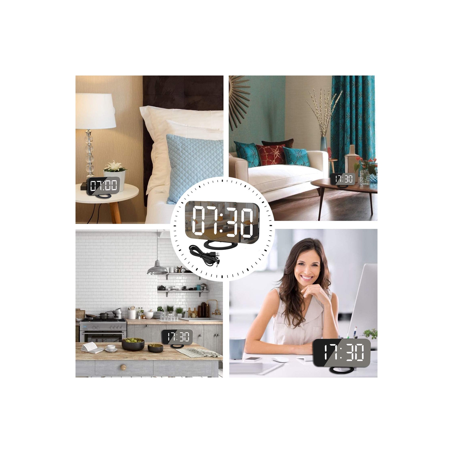 axGear Réveil Miroir Numérique Grand Affichage LED Avec Deux Ports De Chargeur USB Pour La Maison - Noir