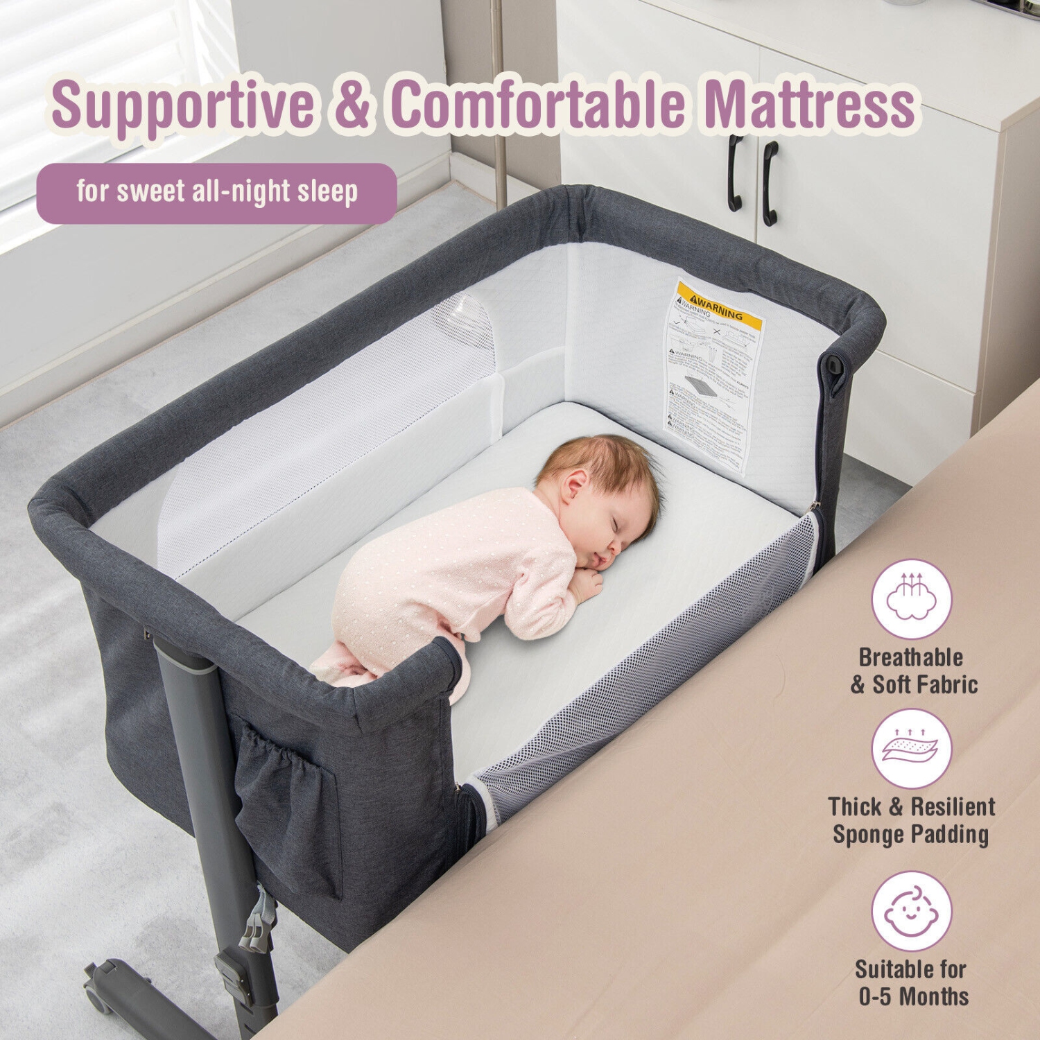 Gymax 3-in-1 Baby Bassinet Beside Sleeper Crib with 5-Level