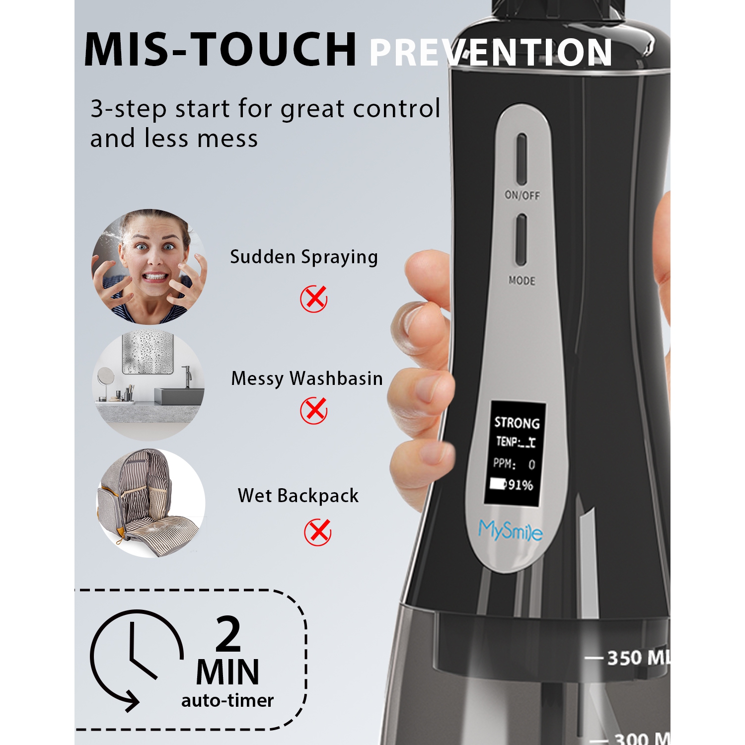 MySmile Powerful Cordless 350ML Water Dental Flosser Portable OLED Display Oral Irrigator with 5 Pressure Modes 8 Replaceable Jet Tips and Storage