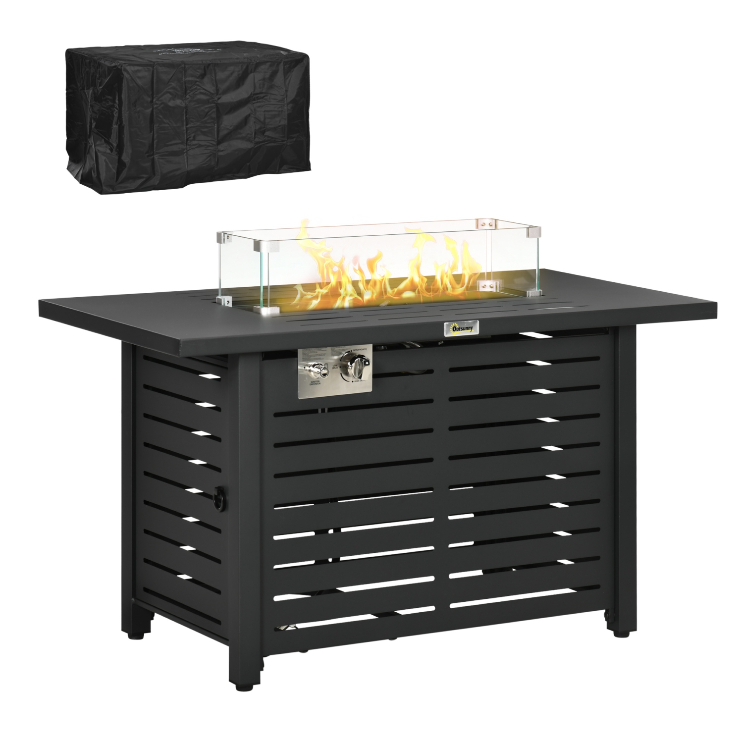 Outsunny Propane Gas Fire Pit Table, Outdoor Firepit with 43" Steel Tabletop and Lid, 50,000 BTU Pulse Ignition Fire Table w/ Stainless Steel Burner,