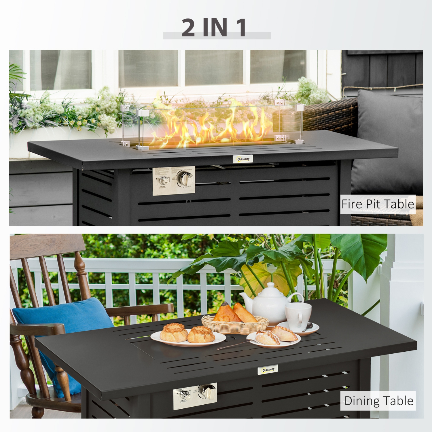 Outsunny Propane Gas Fire Pit Table, Outdoor Firepit with 43" Steel Tabletop and Lid, 50,000 BTU Pulse Ignition Fire Table w/ Stainless Steel Burner,