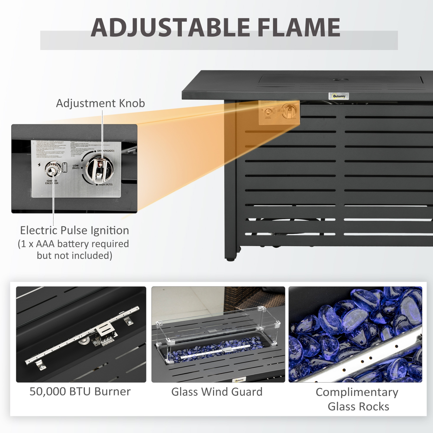 Outsunny Propane Gas Fire Pit Table, Outdoor Firepit with 43" Steel Tabletop and Lid, 50,000 BTU Pulse Ignition Fire Table w/ Stainless Steel Burner,