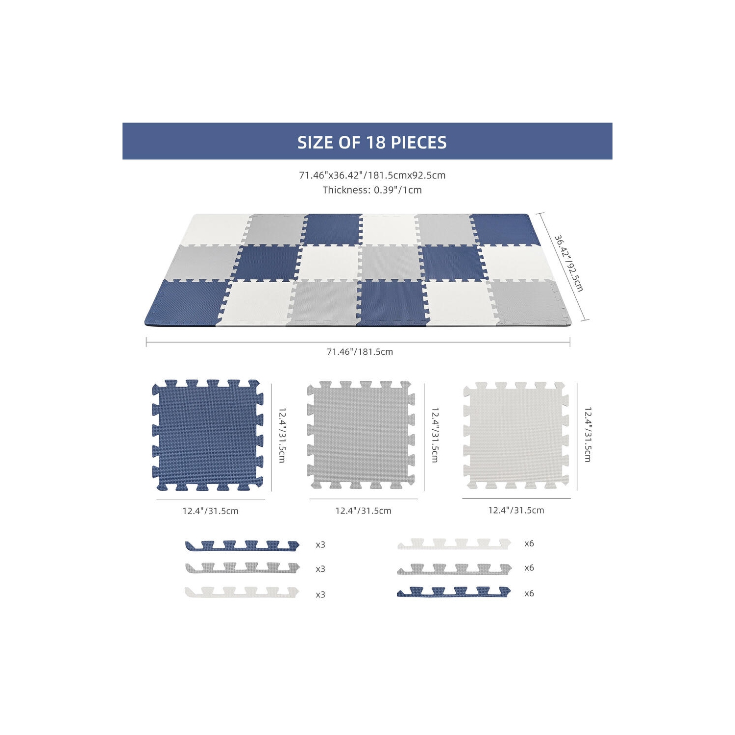 18pcs Puzzle Baby Playmat, EVA Foam Play Mat Crawl Floor Mat, Assembled Size 71.46" x 31.42"