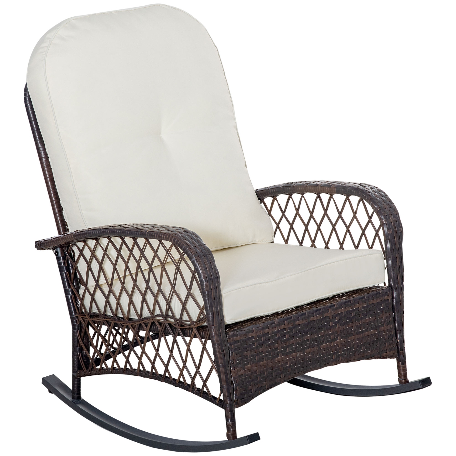 Outsunny Rattan Rocking Chair, Outdoor Wicker Patio Rocker Chair Furniture with Thick Cushions, for Garden Backyard Porch, Cream White