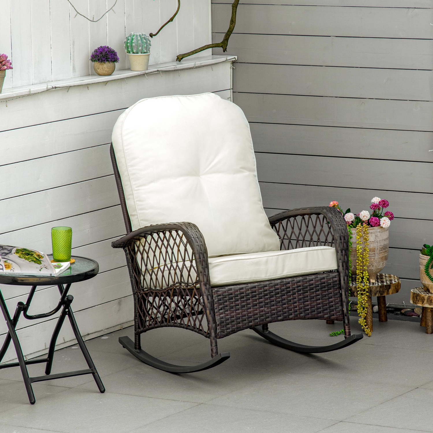 Outsunny Rattan Rocking Chair, Outdoor Wicker Patio Rocker Chair Furniture with Thick Cushions, for Garden Backyard Porch, Cream White