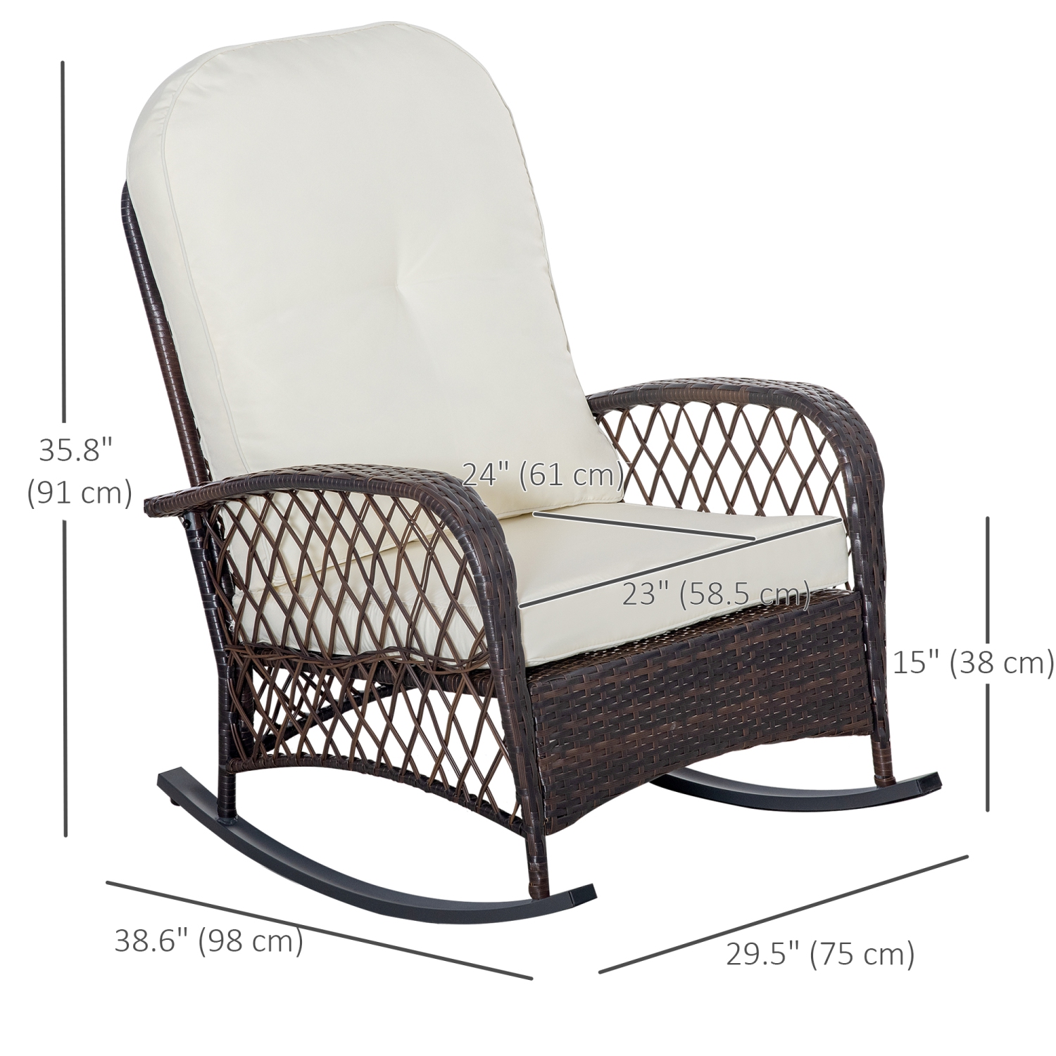 Outsunny Rattan Rocking Chair, Outdoor Wicker Patio Rocker Chair Furniture with Thick Cushions, for Garden Backyard Porch, Cream White