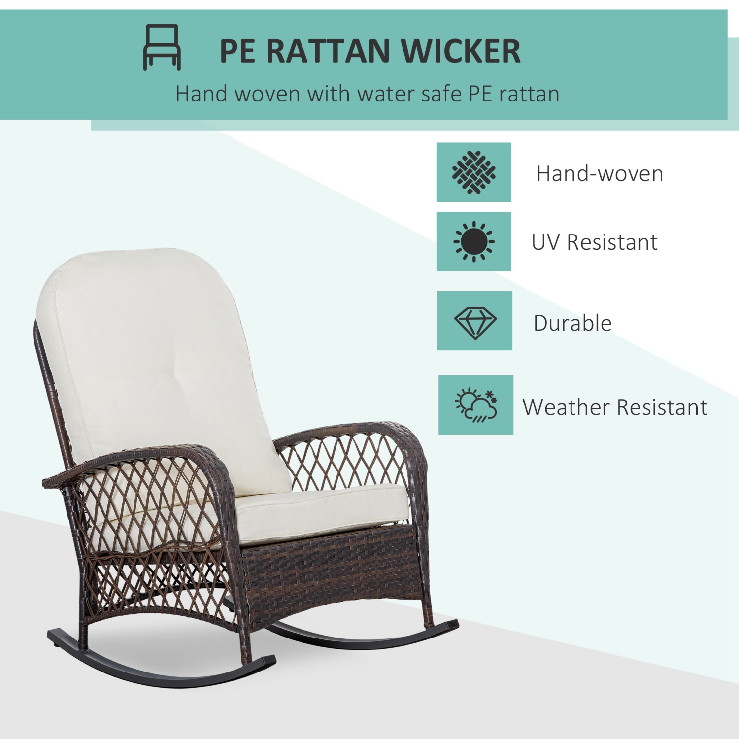 Outsunny Rattan Rocking Chair, Outdoor Wicker Patio Rocker Chair Furniture with Thick Cushions, for Garden Backyard Porch, Cream White