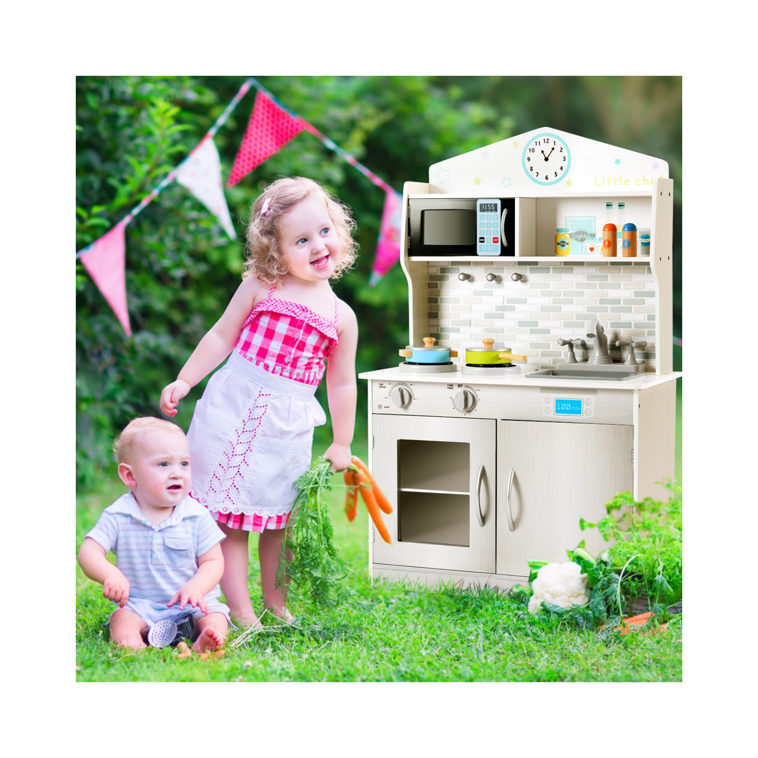 Gymax Kids Wooden Pretend Cooking Playset Cookware Play Set Kitchen Toys Toddler Gift