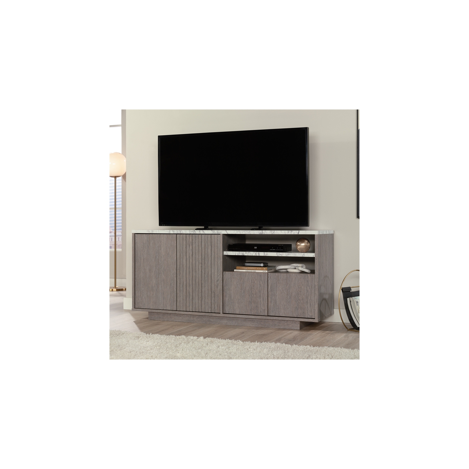 Sauder East Rock Engineered Wood Credenza in Ashen Oak Finish