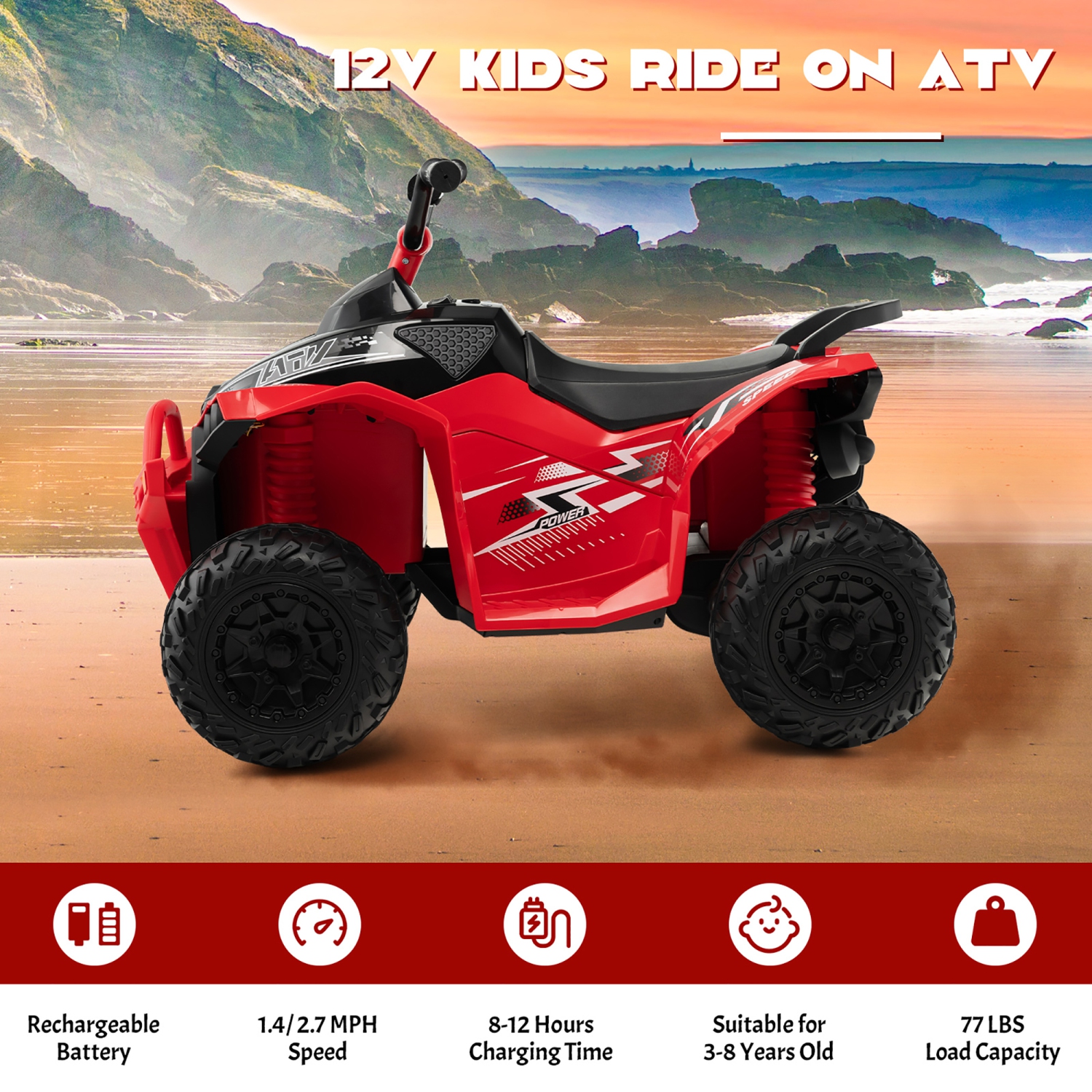 Costway 12V Battery Powered Kids Ride On ATV Electric 4-Wheeler Quad Car with MP3 & Light