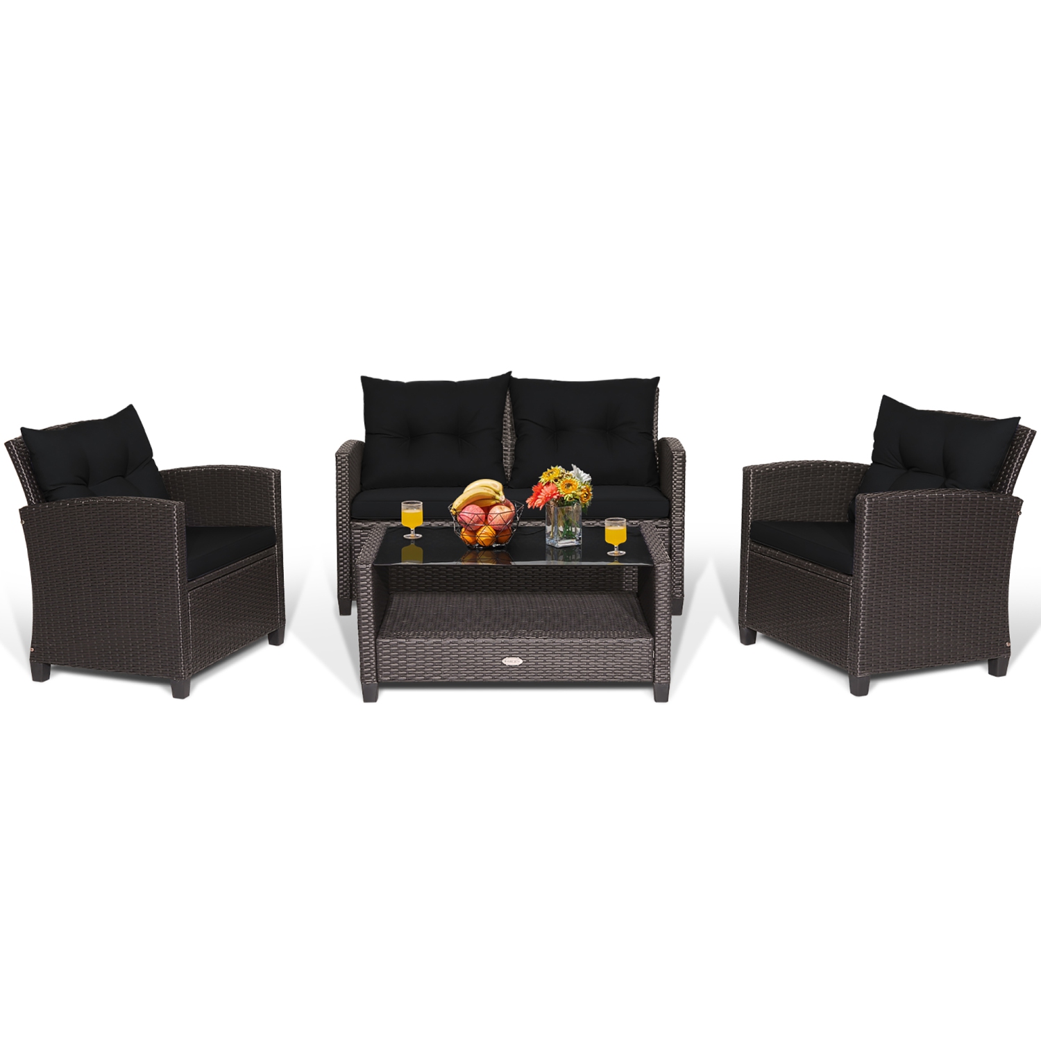 Costway 4 PCS Patio Rattan Furniture Set Glass Table Shelf Sofa Cushion