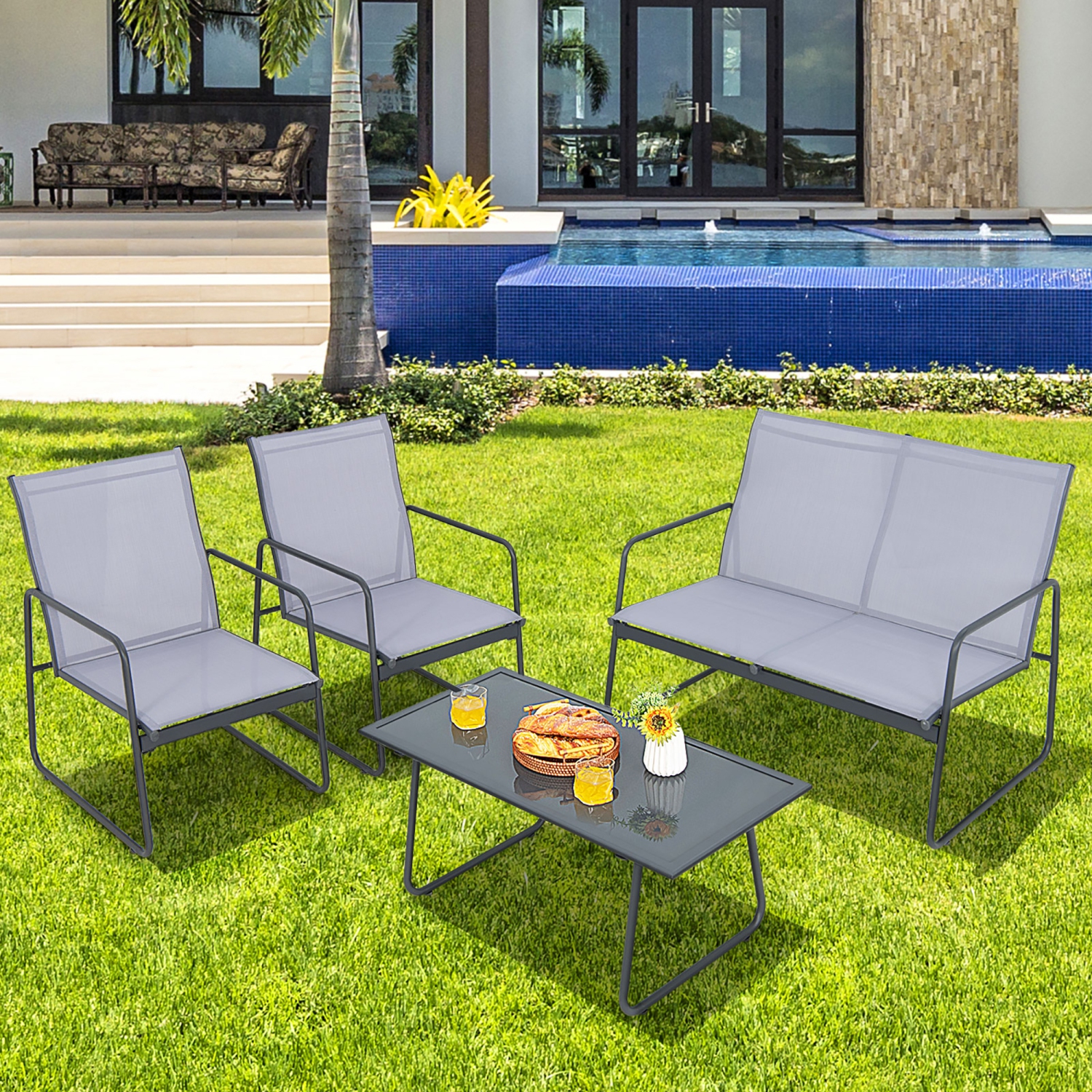 Costway 4-Piece Metal Patio Furniture Chat Set Outdoor Conversation Table Garden