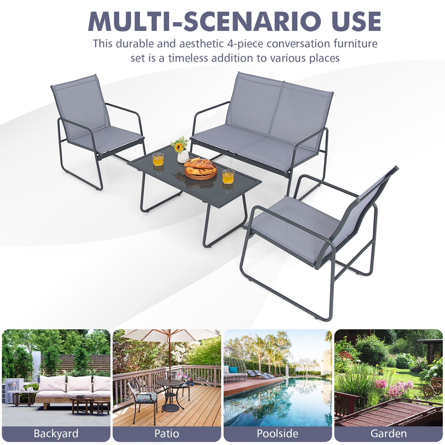 Costway 4-Piece Metal Patio Furniture Chat Set Outdoor Conversation Table Garden