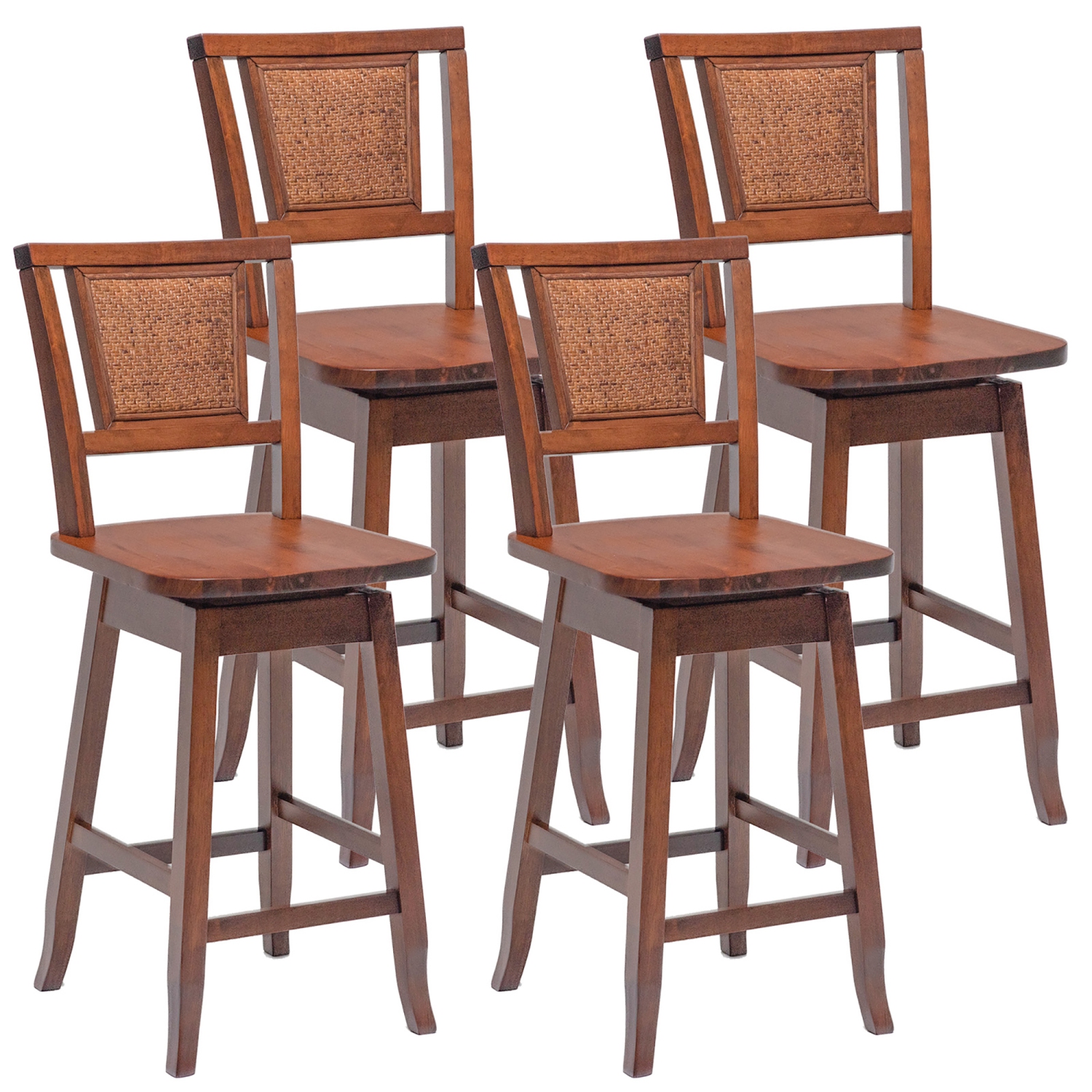 Costway Set of 4 Swivel Bar Stools Counter Height Rubber Wood Pub Chairs w/ Rattan Back