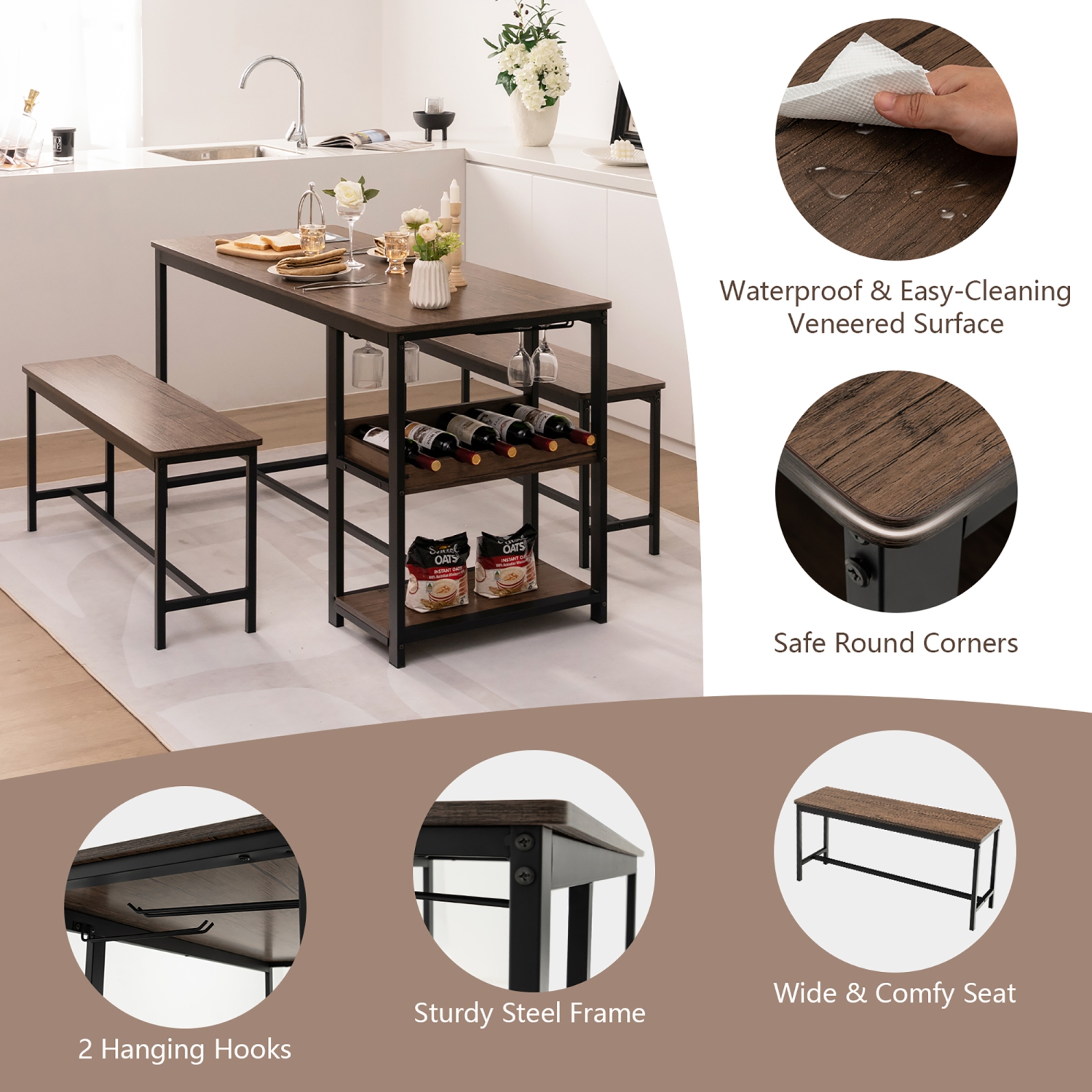 Ensemble de table de salle à manger 3 PCS de Costway pour 4 table de cuisine et 2 bancs avec porte-bouteilles