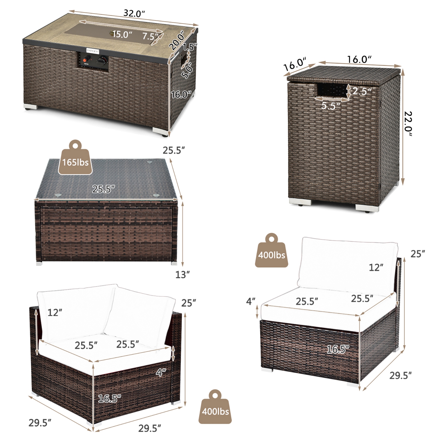 Ensemble de meubles de patio en rotin de 8 pièces de Costway pour housse de réservoir de table à foyer