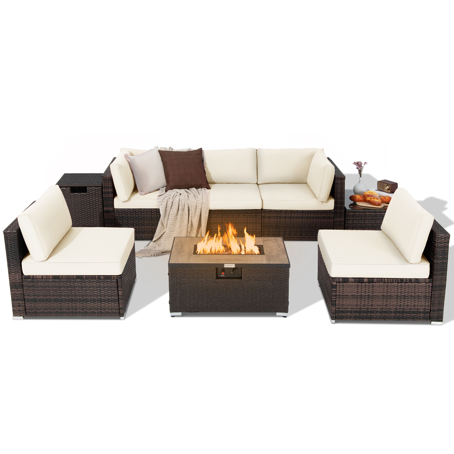 Costway 8PCS Patio Rattan Furniture Set Fire Pit Table Tank Holder Cover Deck