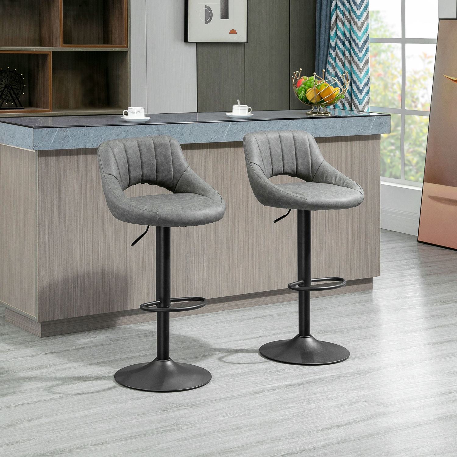 HOMCOM Bar Stools Set of 2, Swivel Counter Height Barstools with Adjustable Height, Faux Leather Upholstered Bar Chairs with Round Metal Base and