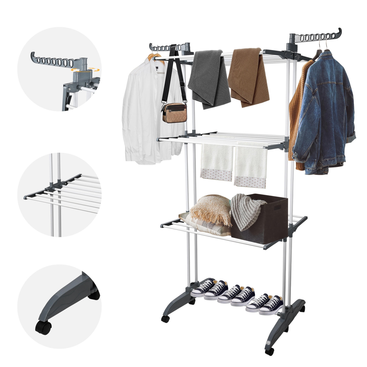 Foldable 4-Tier Clothes Drying Rack, Garment Laundry Hanger Rack with 2 Side Wings and 4 Casters