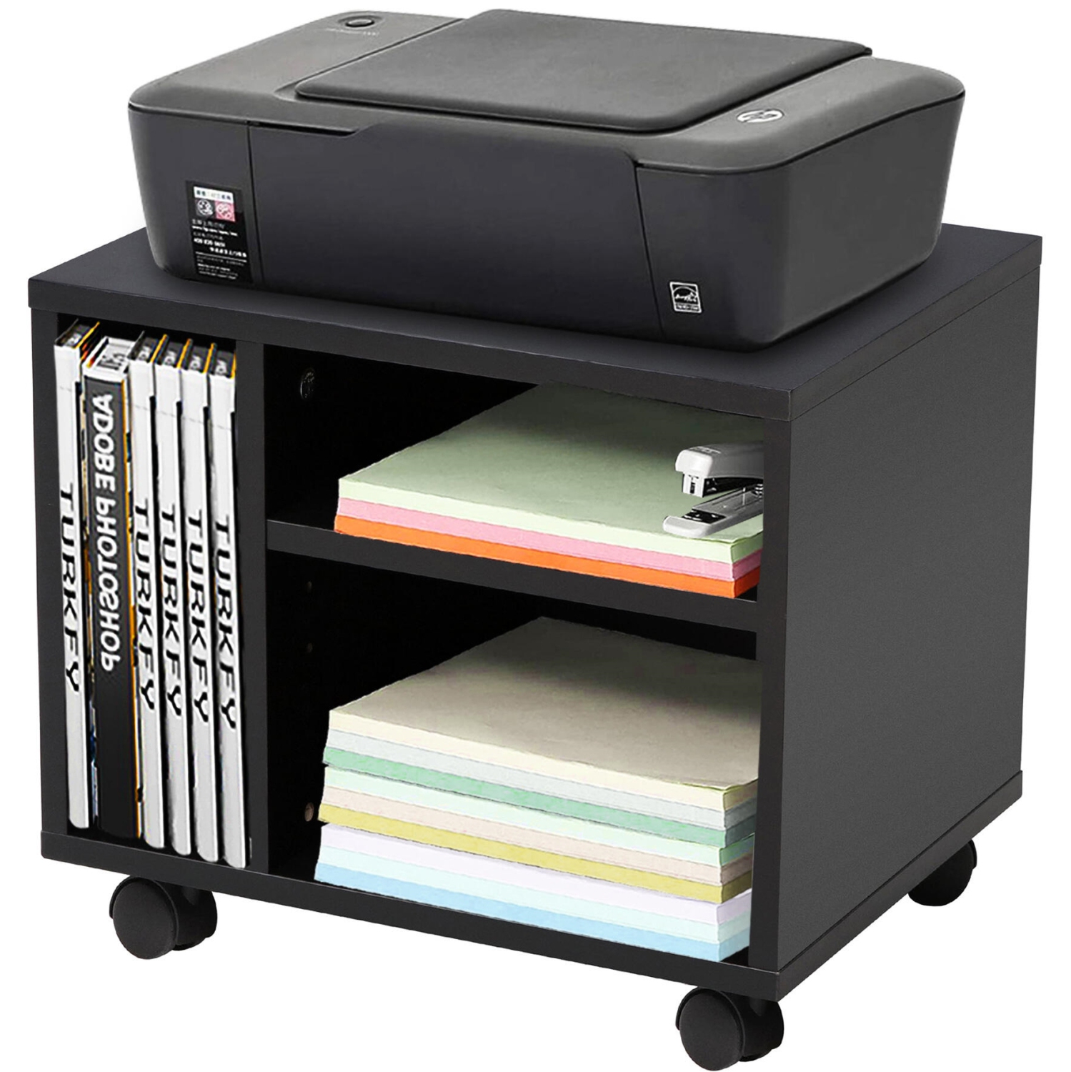 Armoires de classement à deux couches et rangement de bureau, armoire de support d'imprimante en bois mobile avec 3 compartiments de rangement -