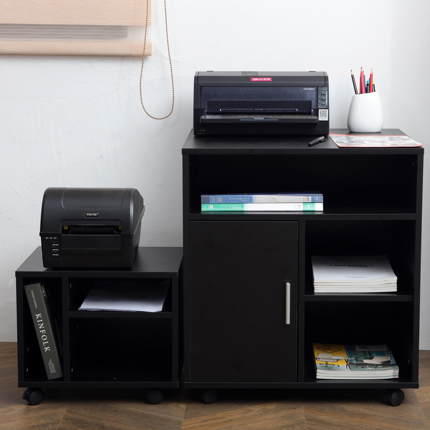 Armoires de classement à deux couches et rangement de bureau, armoire de support d'imprimante en bois mobile avec 3 compartiments de rangement -