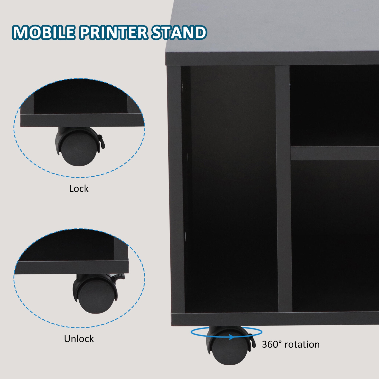 Armoires de classement à deux couches et rangement de bureau, armoire de support d'imprimante en bois mobile avec 3 compartiments de rangement -
