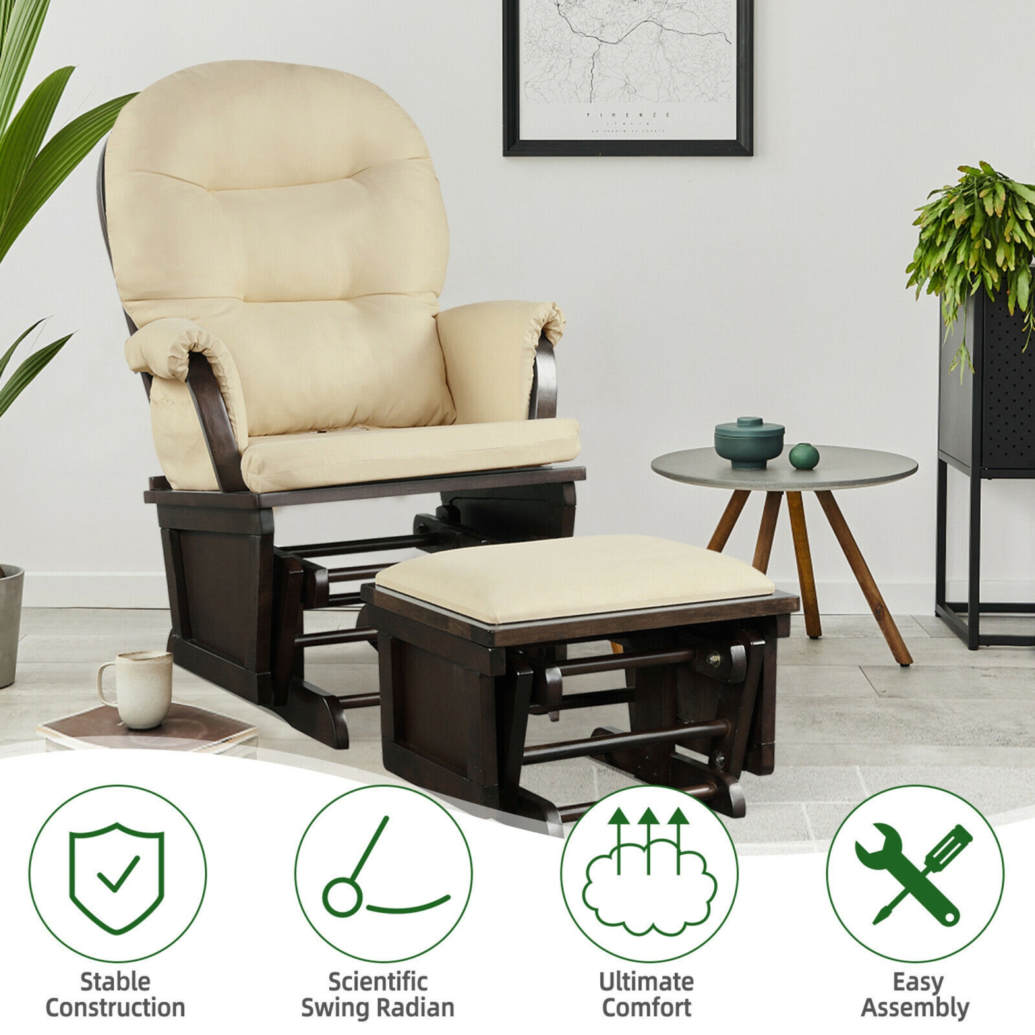 Gymax Wood Glider & Ottoman Cushion Set Baby Nursery Rocking Chair