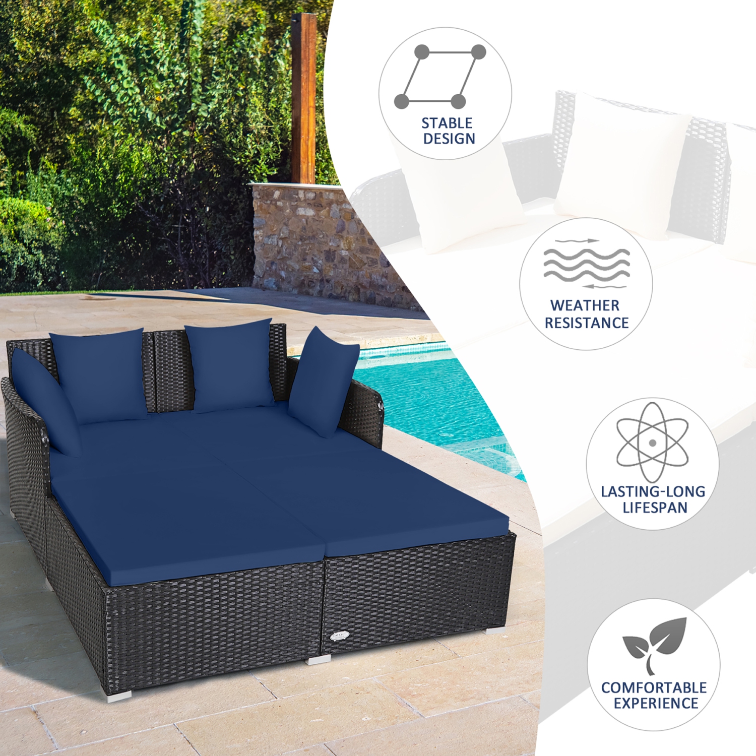 Costway Outdoor Patio Rattan Daybed Pillows Cushioned Sofa Furniture