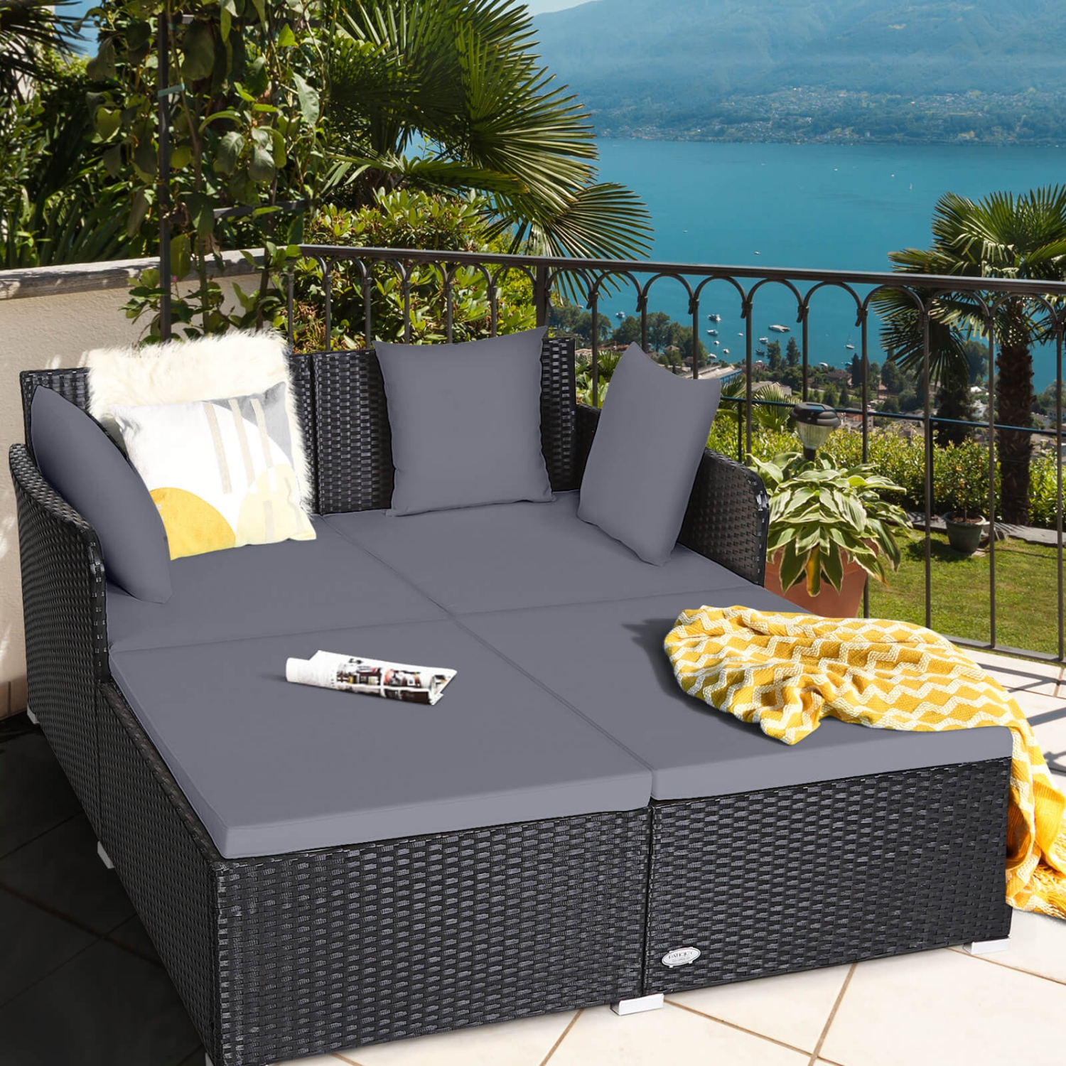 Costway Outdoor Patio Rattan Daybed Pillows Cushioned Sofa Furniture