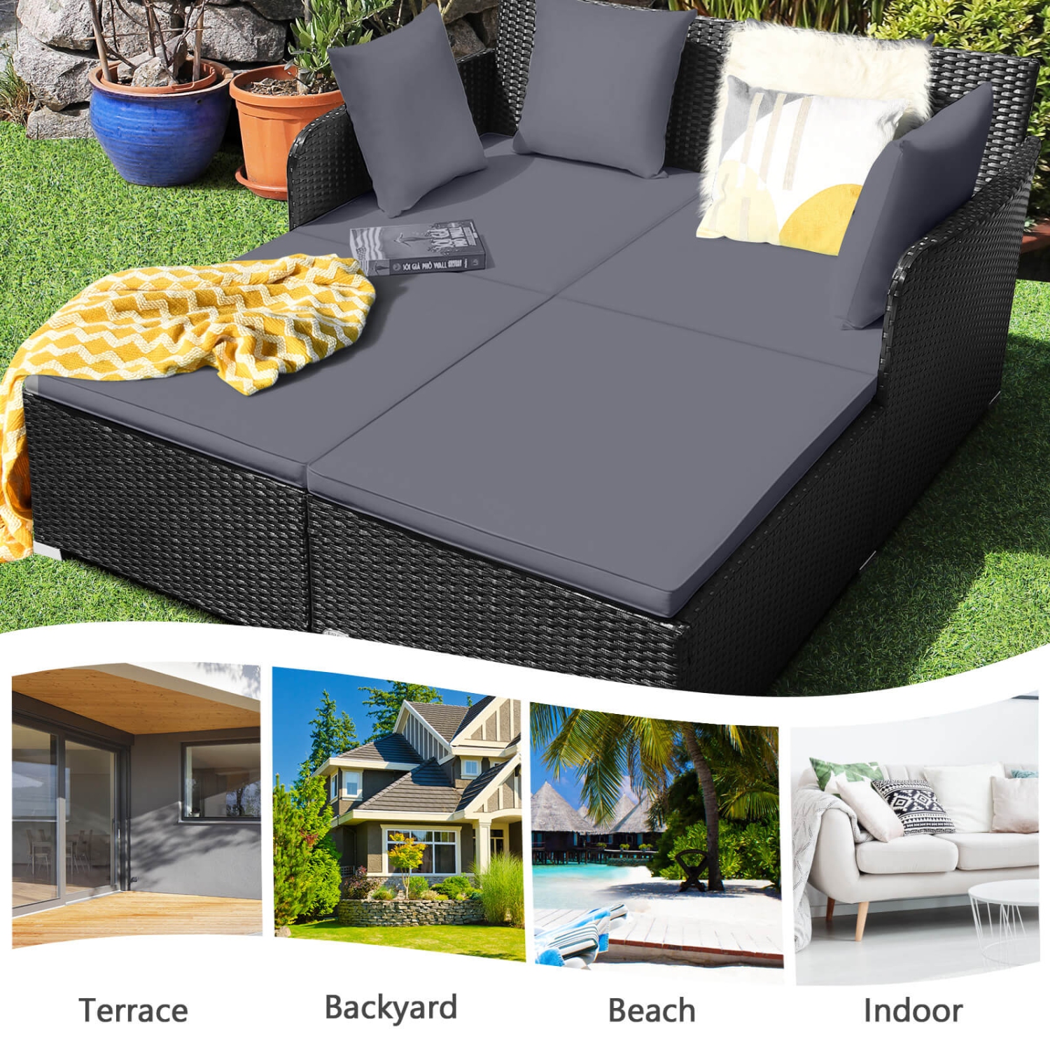 Costway Outdoor Patio Rattan Daybed Pillows Cushioned Sofa Furniture