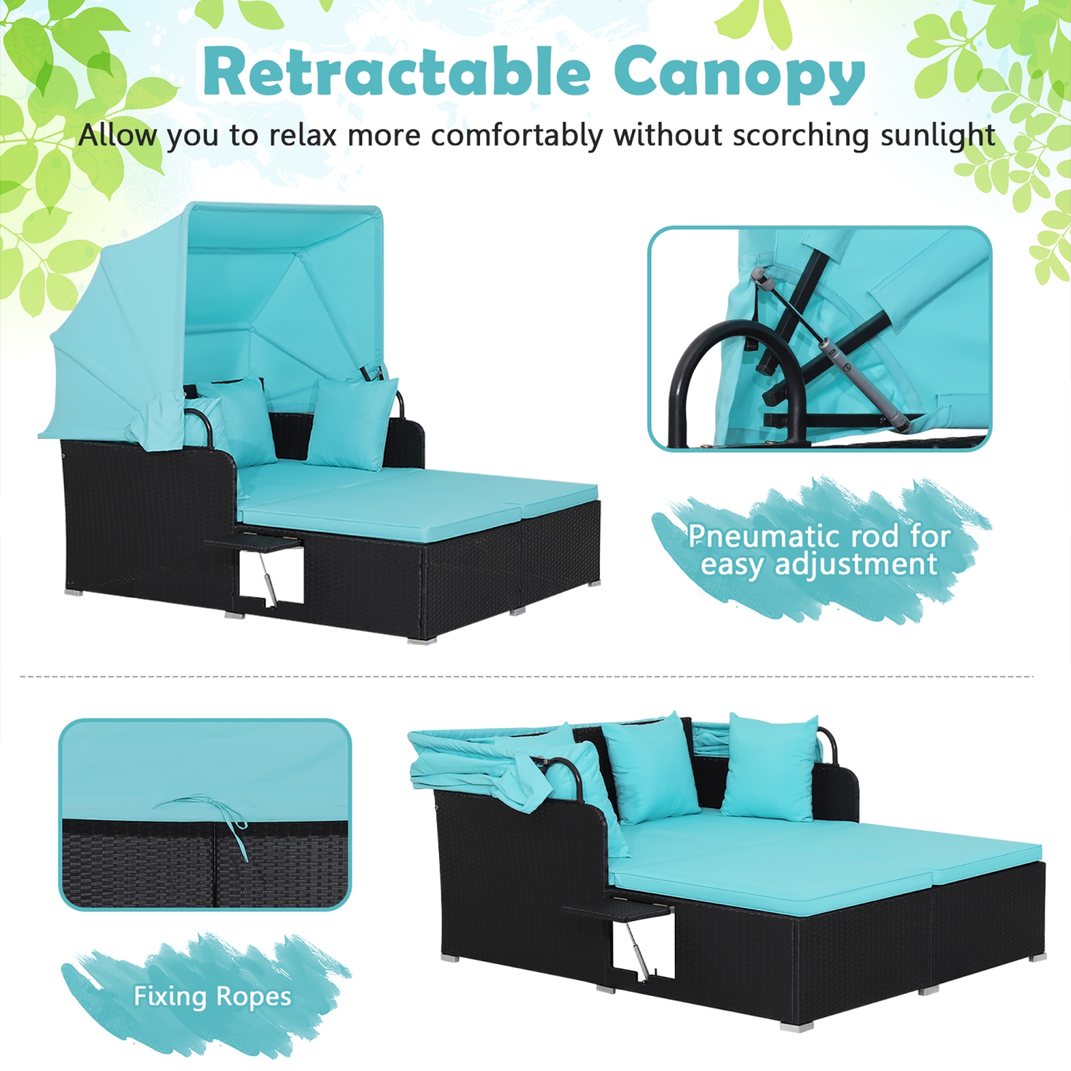 Costway Patio Rattan Daybed Lounge Retractable Top Canopy Side Tables Cushions