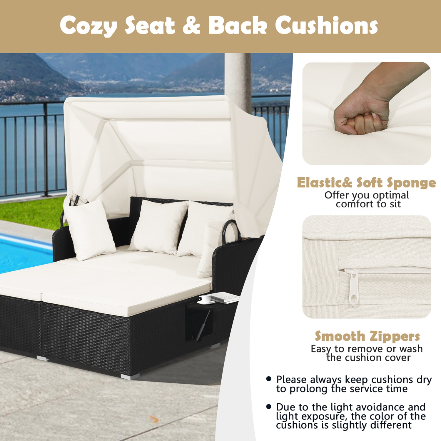 Costway Patio Rattan Daybed Lounge Retractable Top Canopy Side Tables Cushions