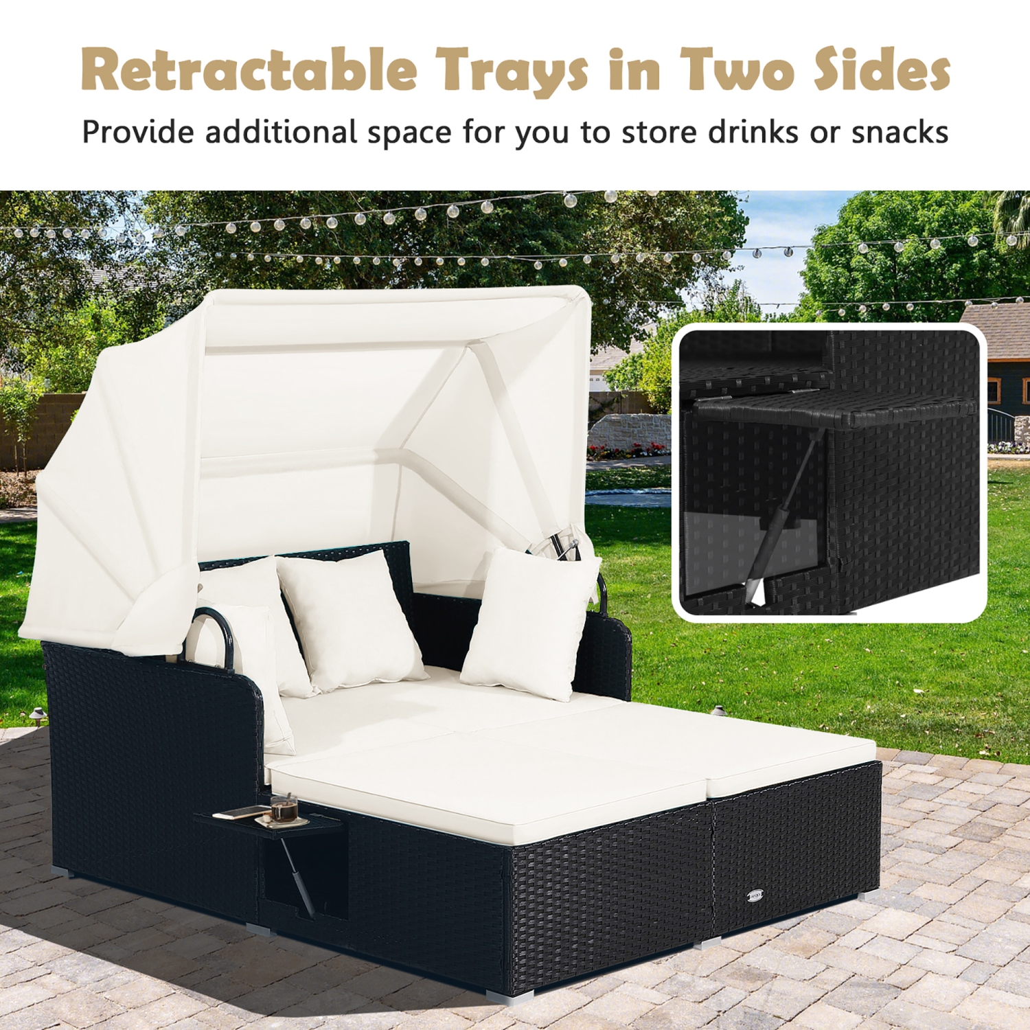 Costway Patio Rattan Daybed Lounge Retractable Top Canopy Side Tables Cushions