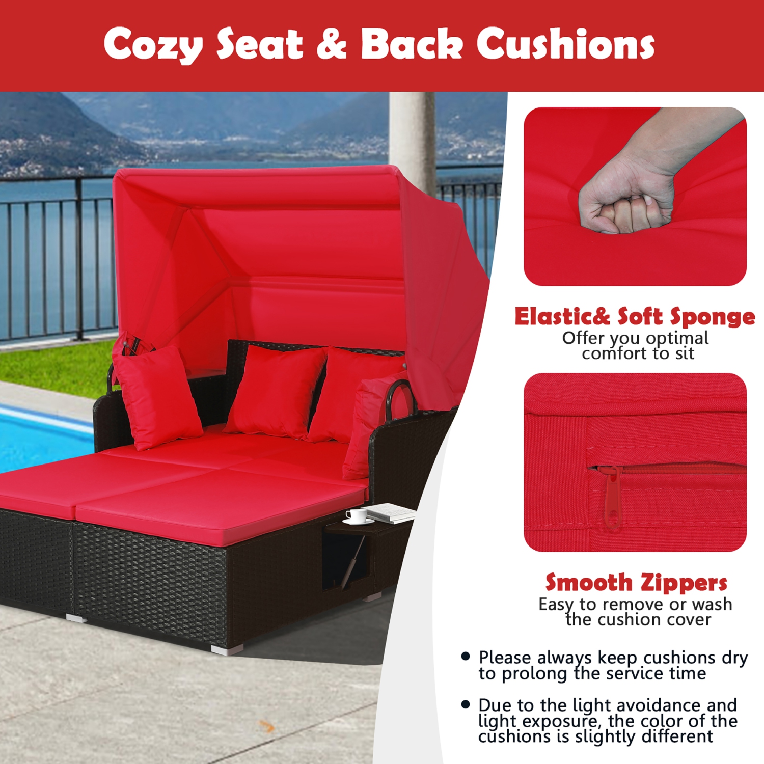 Costway Patio Rattan Daybed Lounge Retractable Top Canopy Side Tables Cushions