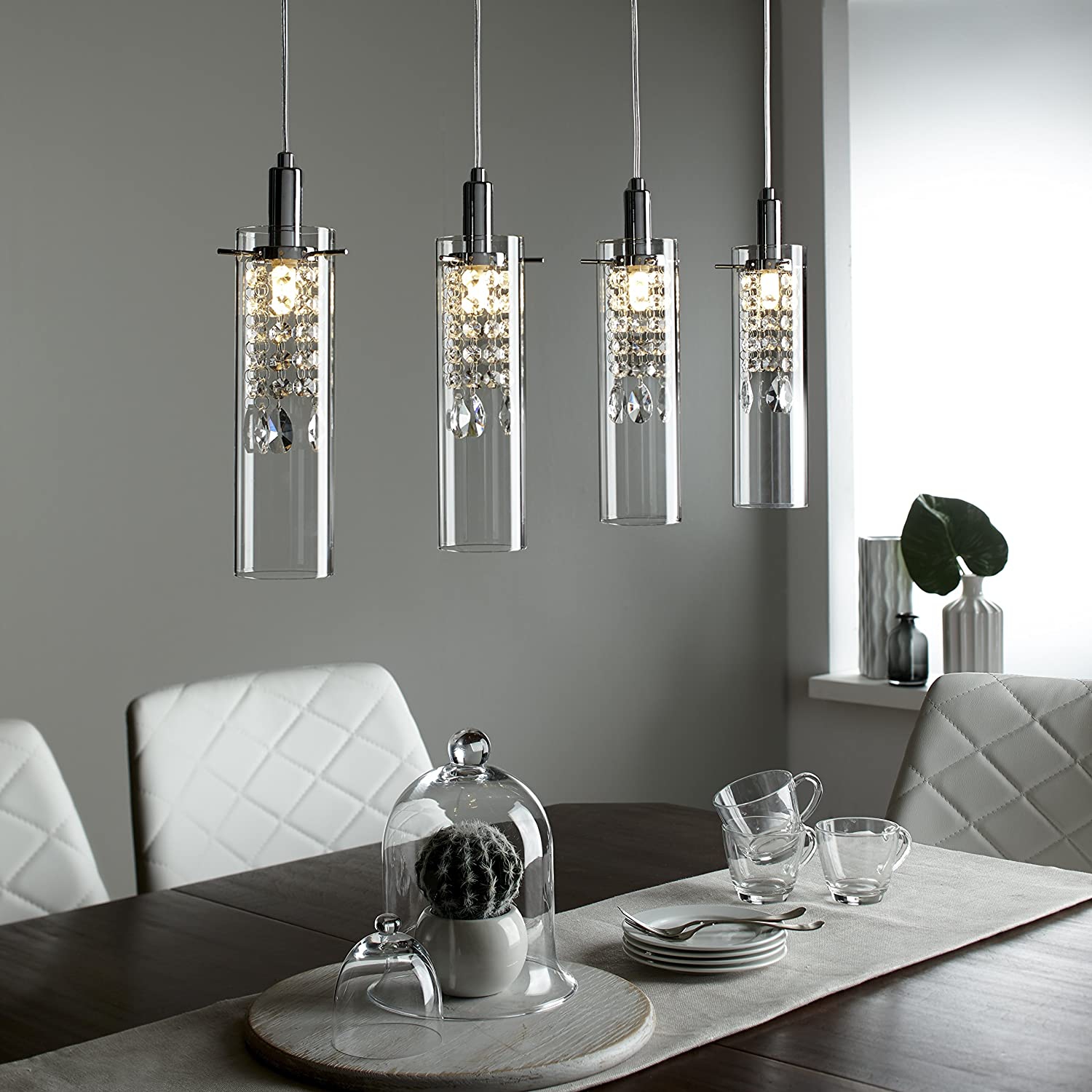 BAZZ 4 Branch LED Chrome Pendant with Clear Glass Shade