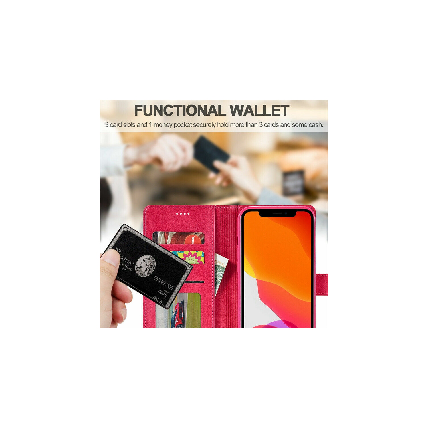 ( KeeGuard ) Étui portefeuille à rabat en cuir pour carte de crédit iPhone 14 rose étui folio à fente