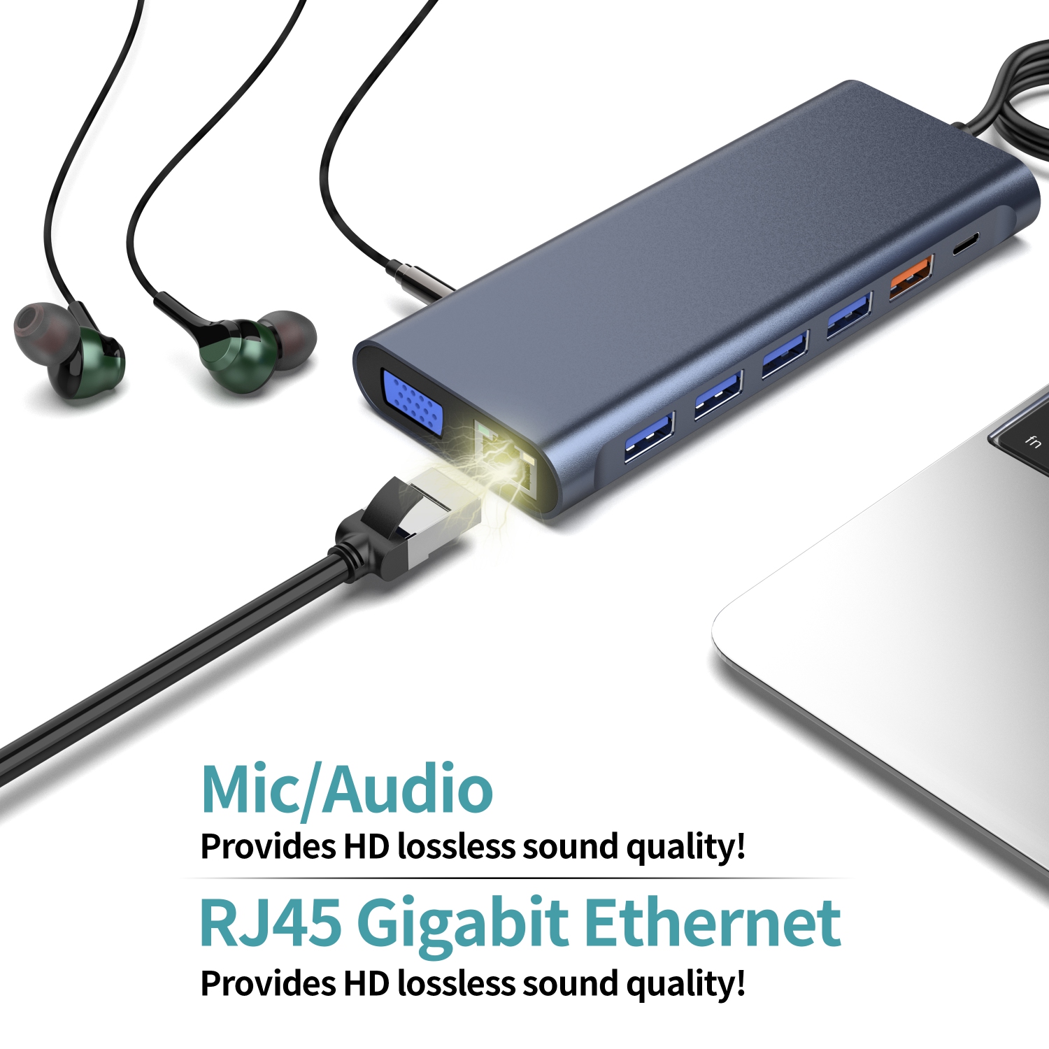 Concentrateur USB-C 14-en-1 saga Premium et station d'accueil avec deux ports HDMI 4K, Ethernet, VGA, 2xUSB 3,0, 2xUSB 2,0, lecteur de cartes SD+TF