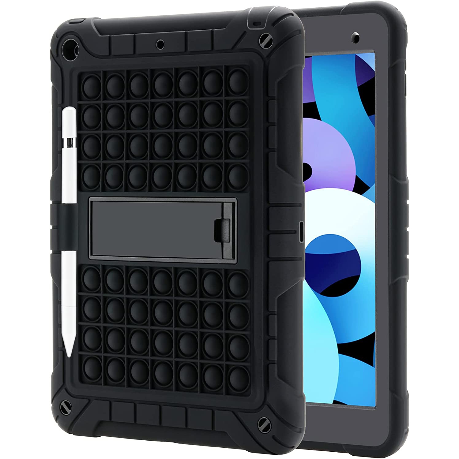 X iPad 9th/8th/7th Generation Case (iPad 10.2 Case 2021/2020/2019) Push Pop Fidget iPad Case Shockproof Drop Protection Cover with Pencil Holder Kickstand Shoulder Strap (Black)