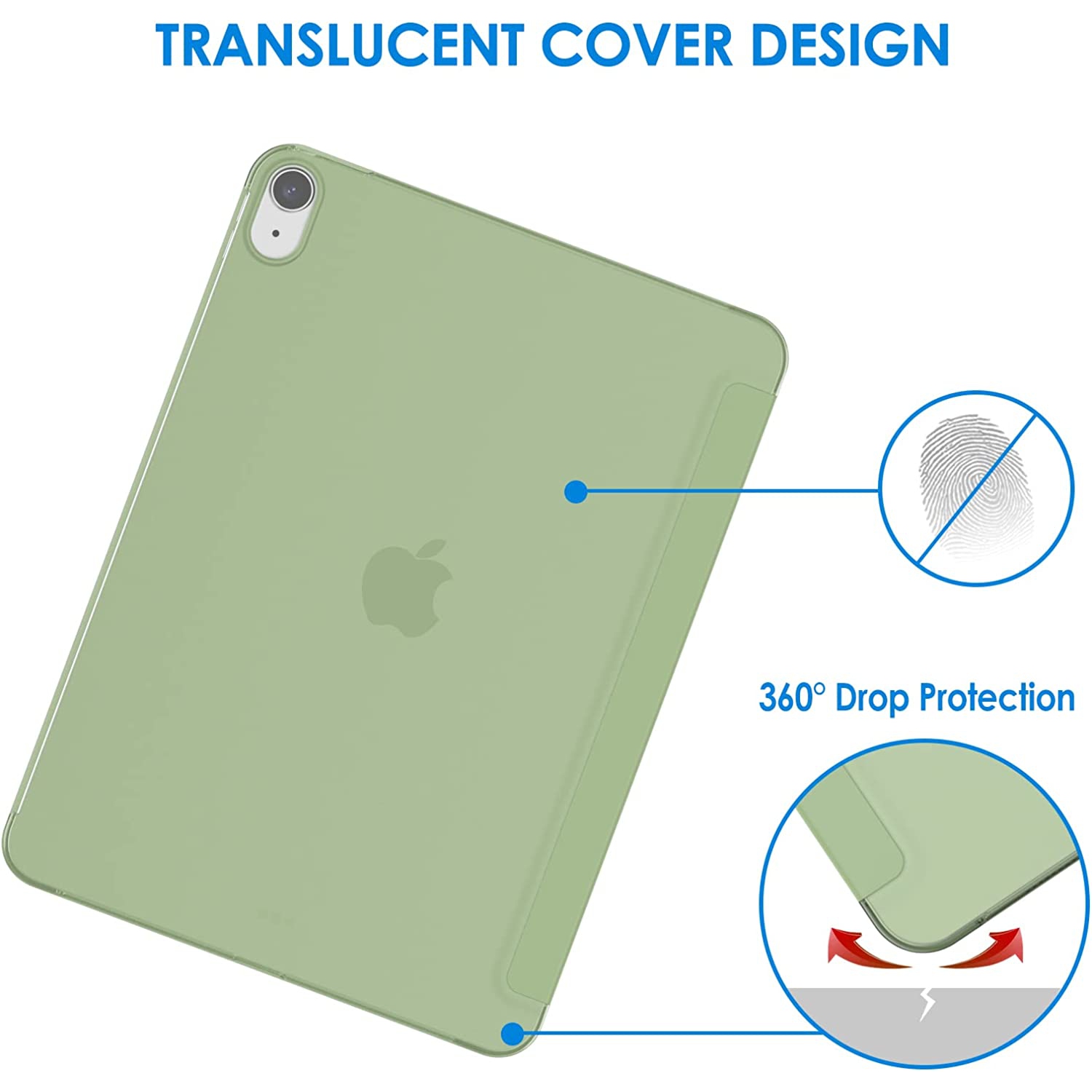 Étui J pour iPad Air 5/4, coque arrière rigide mince avec fonction de veille automatique (vert matcha)