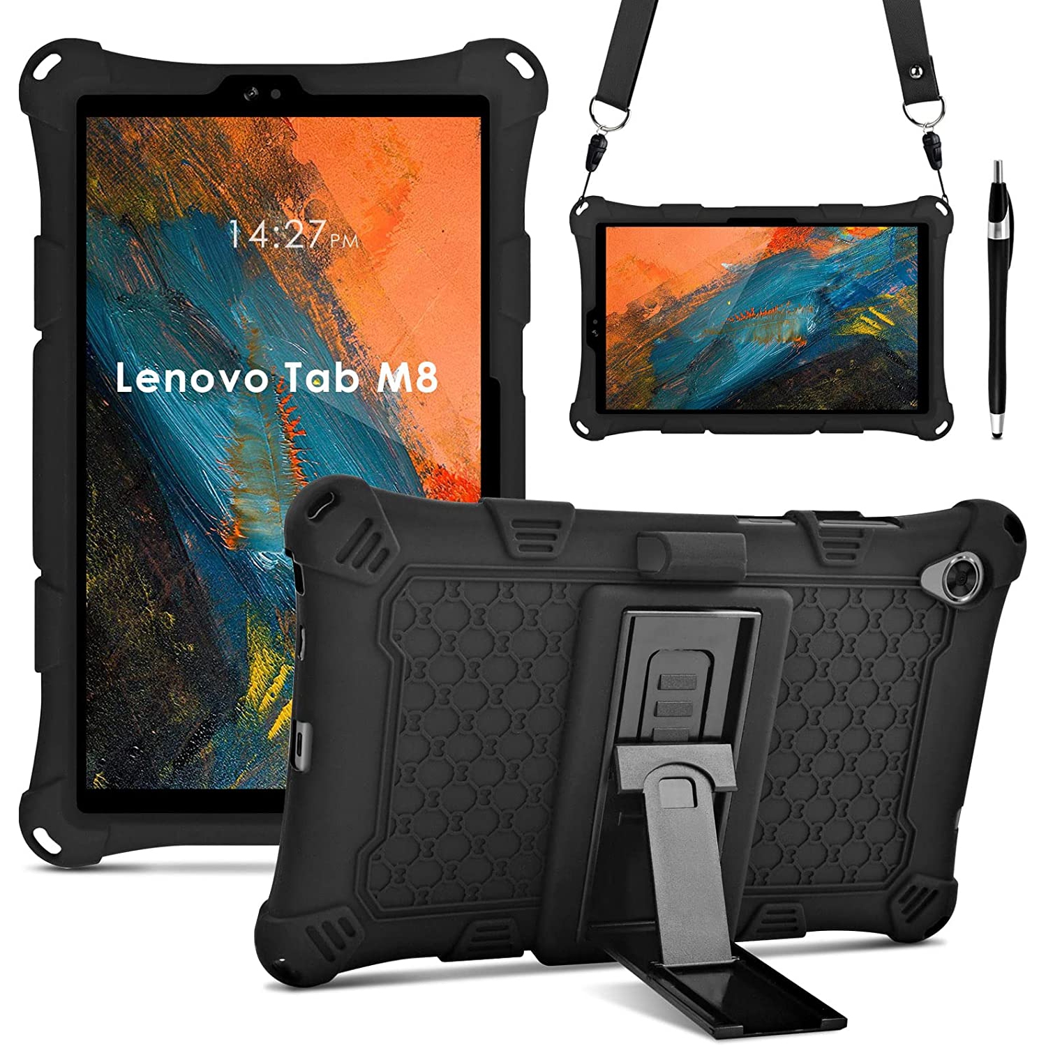 D Case Compatible with Lenovo Tab FHD TB-8705F/Lenovo Tab M8 HD TB-8505F [Include Strap & Stylus], Soft Silicone Protective Cover with Stand for Lenovo M8 3rd Gen TB-8506, Black