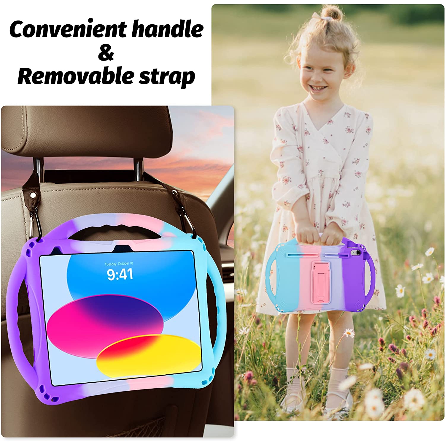 iPad 10th Generation Kids Case,A iPad 10.9 inch Case 10th Generation Built-in Stand Handle and Comes with a Strap,Lightweight Shockproof Silicone