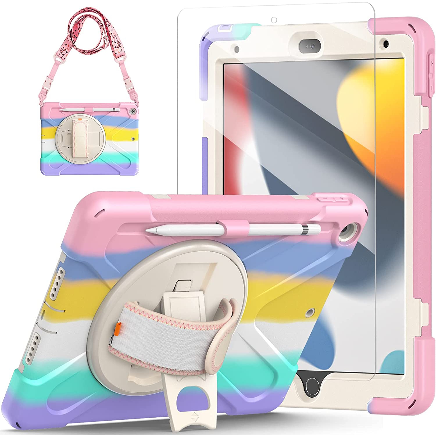 TSQ iPad 9th 8th 7th Generation Case for Kids Girls 2021 2020 2019 iPad Case 10.2 Inch Rainbow Pink Colorful Cute w/ Pencil Holder Screen Protector