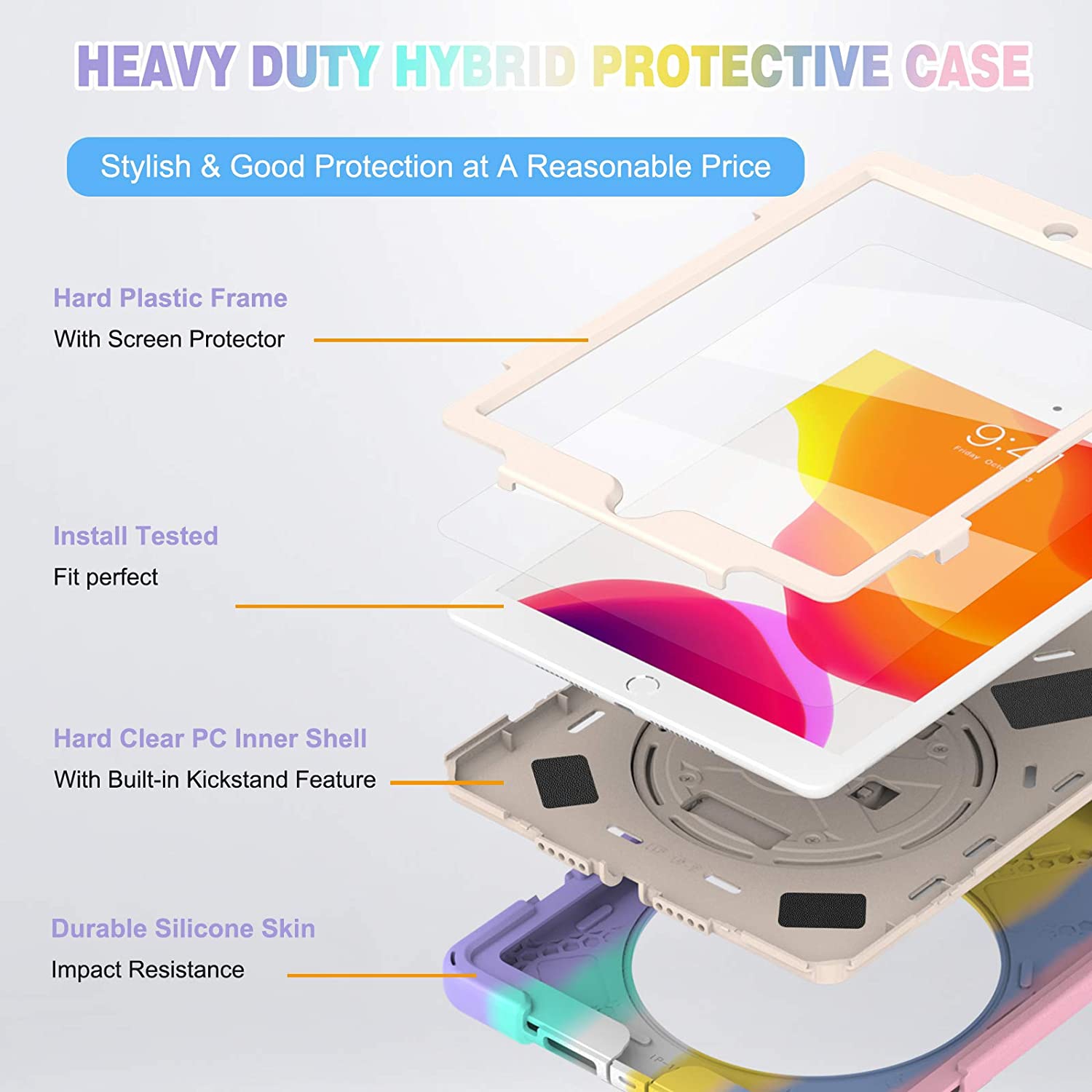 TSQ iPad 9th 8th 7th Generation Case for Kids Girls 2021 2020 2019 iPad Case 10.2 Inch Rainbow Pink Colorful Cute w/ Pencil Holder Screen Protector