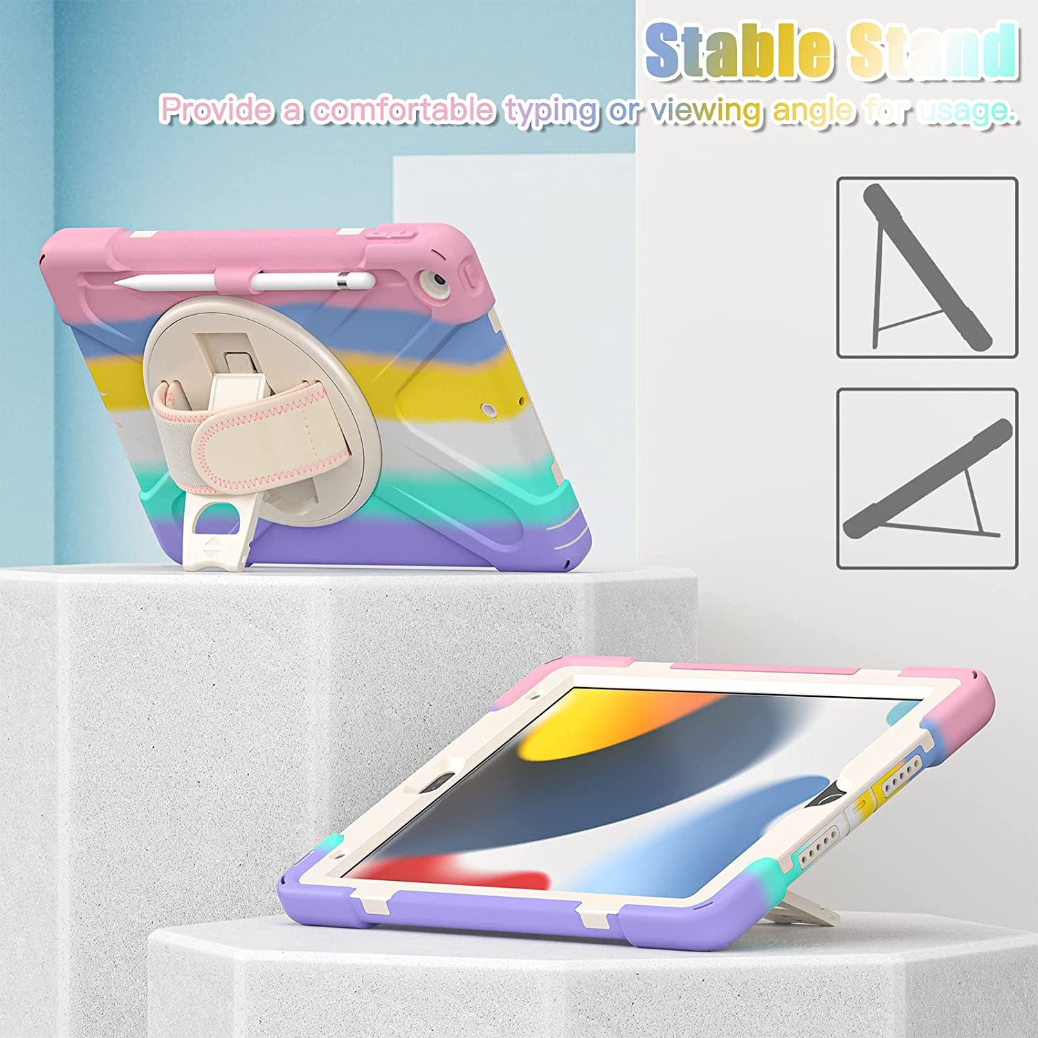 TSQ iPad 9th 8th 7th Generation Case for Kids Girls 2021 2020 2019 iPad Case 10.2 Inch Rainbow Pink Colorful Cute w/ Pencil Holder Screen Protector