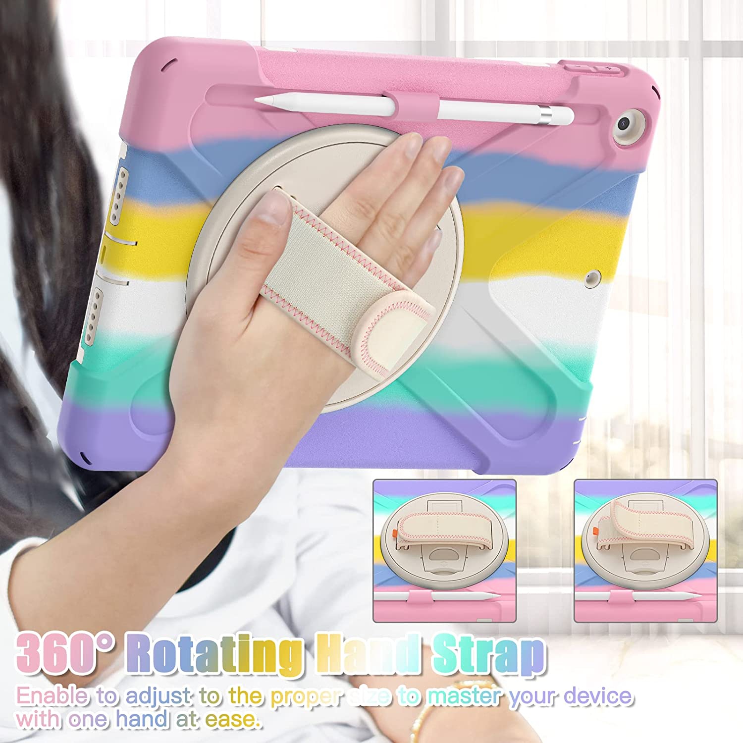 TSQ iPad 9th 8th 7th Generation Case for Kids Girls 2021 2020 2019 iPad Case 10.2 Inch Rainbow Pink Colorful Cute w/ Pencil Holder Screen Protector