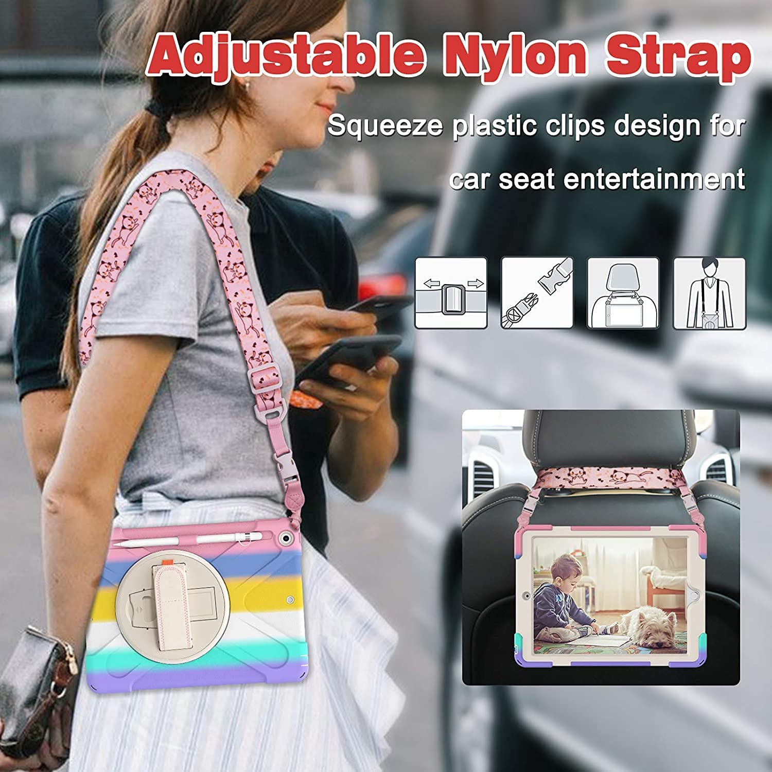 TSQ iPad 9th 8th 7th Generation Case for Kids Girls 2021 2020 2019 iPad Case 10.2 Inch Rainbow Pink Colorful Cute w/ Pencil Holder Screen Protector