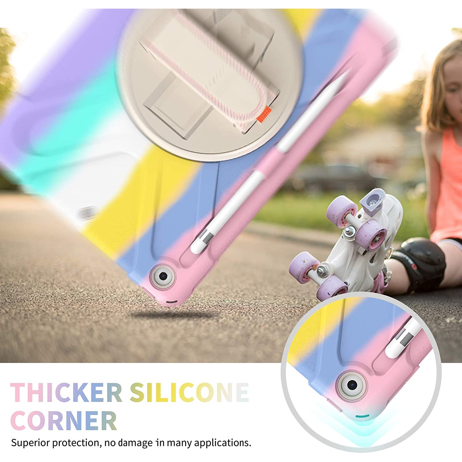 TSQ iPad 9th 8th 7th Generation Case for Kids Girls 2021 2020 2019 iPad Case 10.2 Inch Rainbow Pink Colorful Cute w/ Pencil Holder Screen Protector