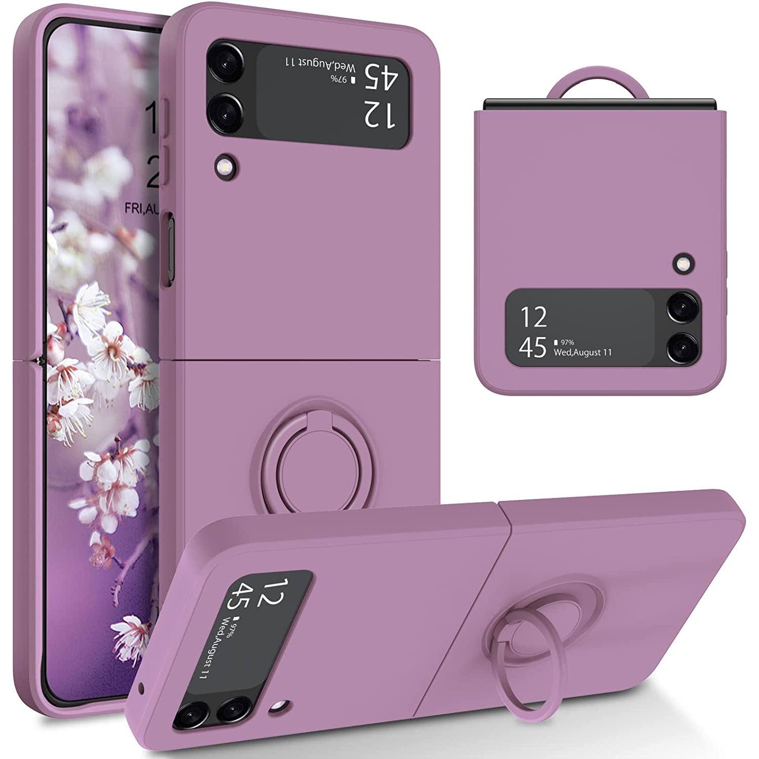 Y Samsung Galaxy Z Flip 3 Case, Phone Case Samsung Z Flip3 5G, Slim Silicone Kickstand Ring Holder Shockproof Protetive Bumper Girls Women Cover, Purple