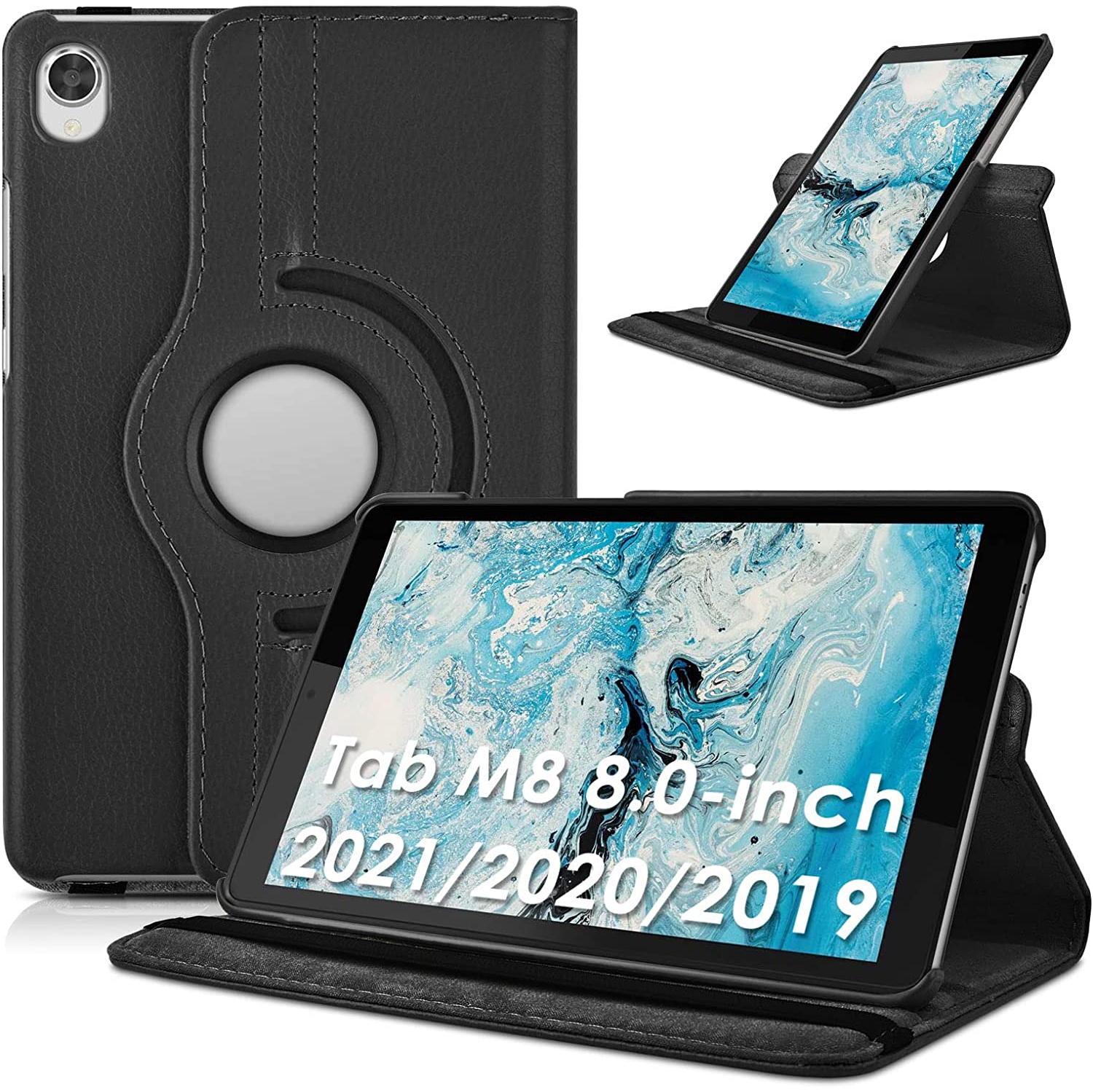 D Rotating Case for Lenovo Tab M8 HD LTE 2021 / Smart Tab M8 / Tab M8 HD 2019 / Tab M8 FHD 2019, 360° Swivel Multi-Angle Stand Folio Leather Book Cover + Hard Back Shell + Eelastic