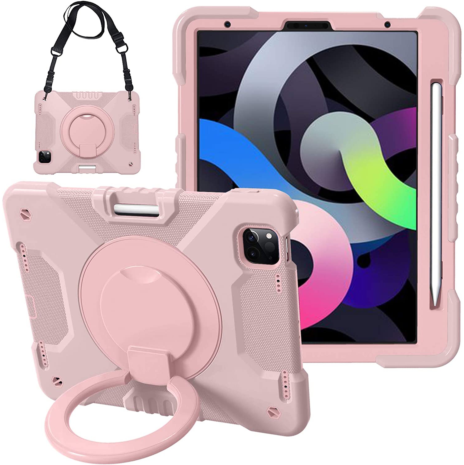 S iPad Air 5th/4th Gen 10.9 Case 2022/2020, iPad Air 5/4 Kids Case with Handle Grip Pencil Holder Rotated Stand Shoulder Strap,Slim-Body Shockproof